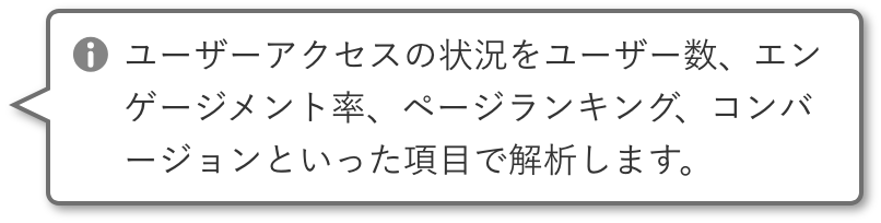 ユーザーアクセスの状況をユーザー数、エンゲージメント率、ページランキング、コンバージョンといった項目で解析します。
