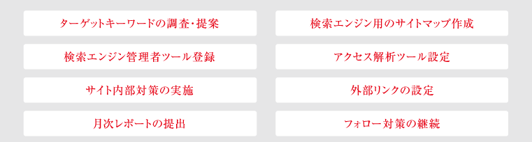 ターゲットキーワードの調査・提案 ／ 検索エンジン用のサイトマップ作成 ／ 検索エンジン管理者ツール登録 ／ アクセス解析ツール設定 ／ サイト内部対策の実施 ／ 外部リンクの設定 ／ 月次レポートの提出 ／ フォロー対策の継続