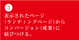 3）表示されたページ （ランディングページ）から コンバージョン（成果）に 結びつける。 